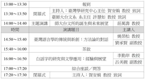 臺灣研究的「上古神獸」：反思臺灣文化、語言與文學的開拓者演講時程表